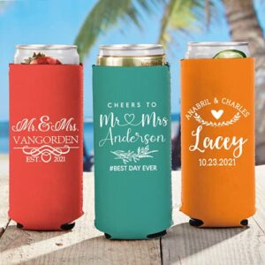 Customized Slim 12oz Wedding Can Coolers, Personalized Wedding Favors, bachelorette party favors Monogram Can Holders (Custom – Assorted, 100 Slim Can Cooler)