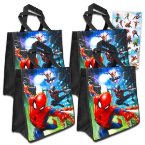 marvel shop spiderman tote bag set for kids, adults ~ 6 pc bundle with 4 large superhero reusable grocery bags, avengers stickers, and more | spiderman party supplies and favors