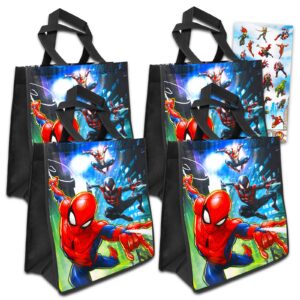 Marvel Shop Spiderman Tote Bag Set for Kids, Adults ~ 6 Pc Bundle with 4 Large Superhero Reusable Grocery Bags, Avengers Stickers, and More | Spiderman Party Supplies and Favors