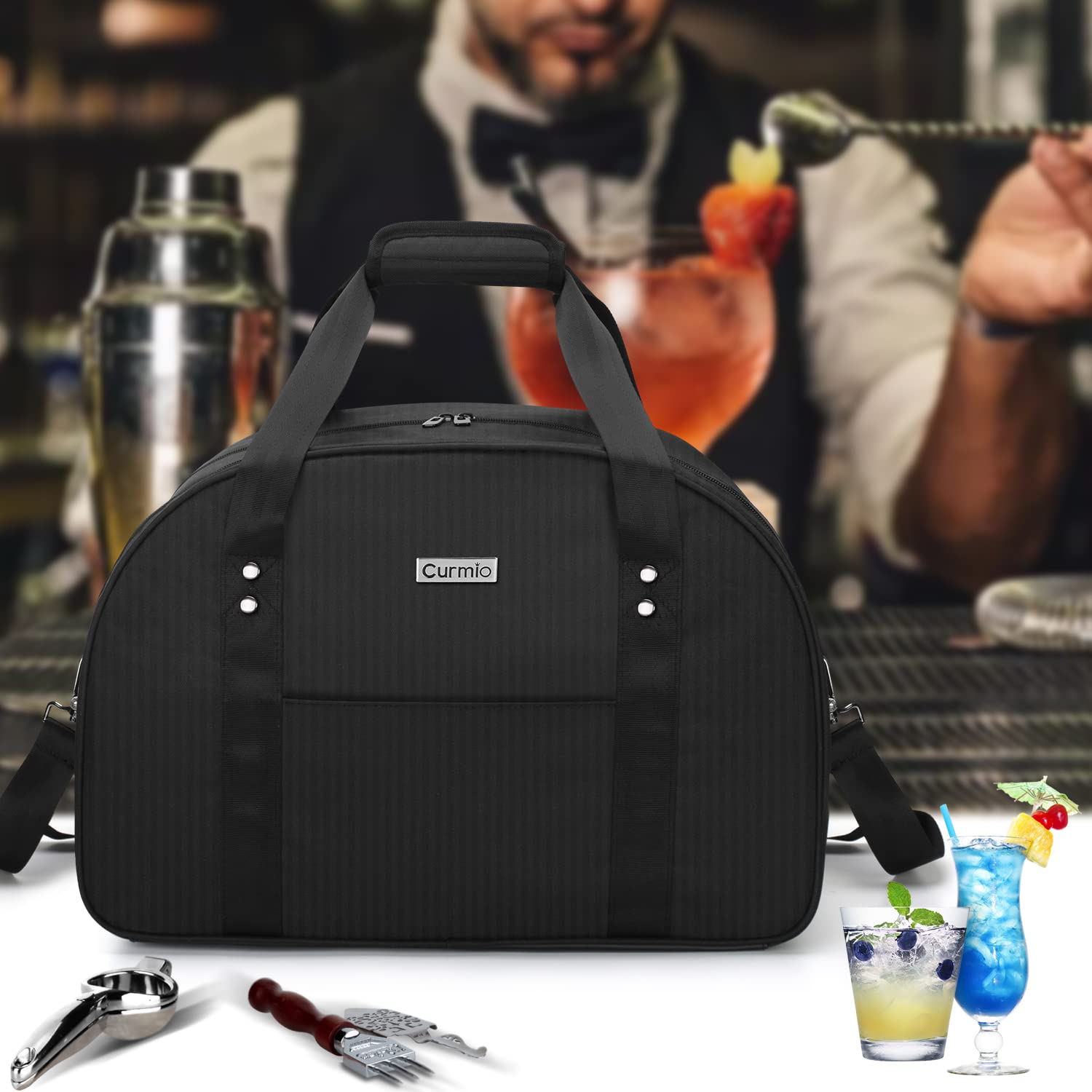 CURMIO Bartender Kit Travel Carrying Bag with Padded Compartment for Wine and Bar Tools Set, Bartender Shoulder Tote Bag for Home Indoor Outdoor Patio Party, Black, BAG ONLY, Patent Pending