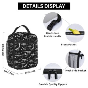 Black and White Dinosaur Skeleton Lunch Bag Insulated Lunch Box Cooler Tote with Shoulder Strap for Boys Girls Women Men