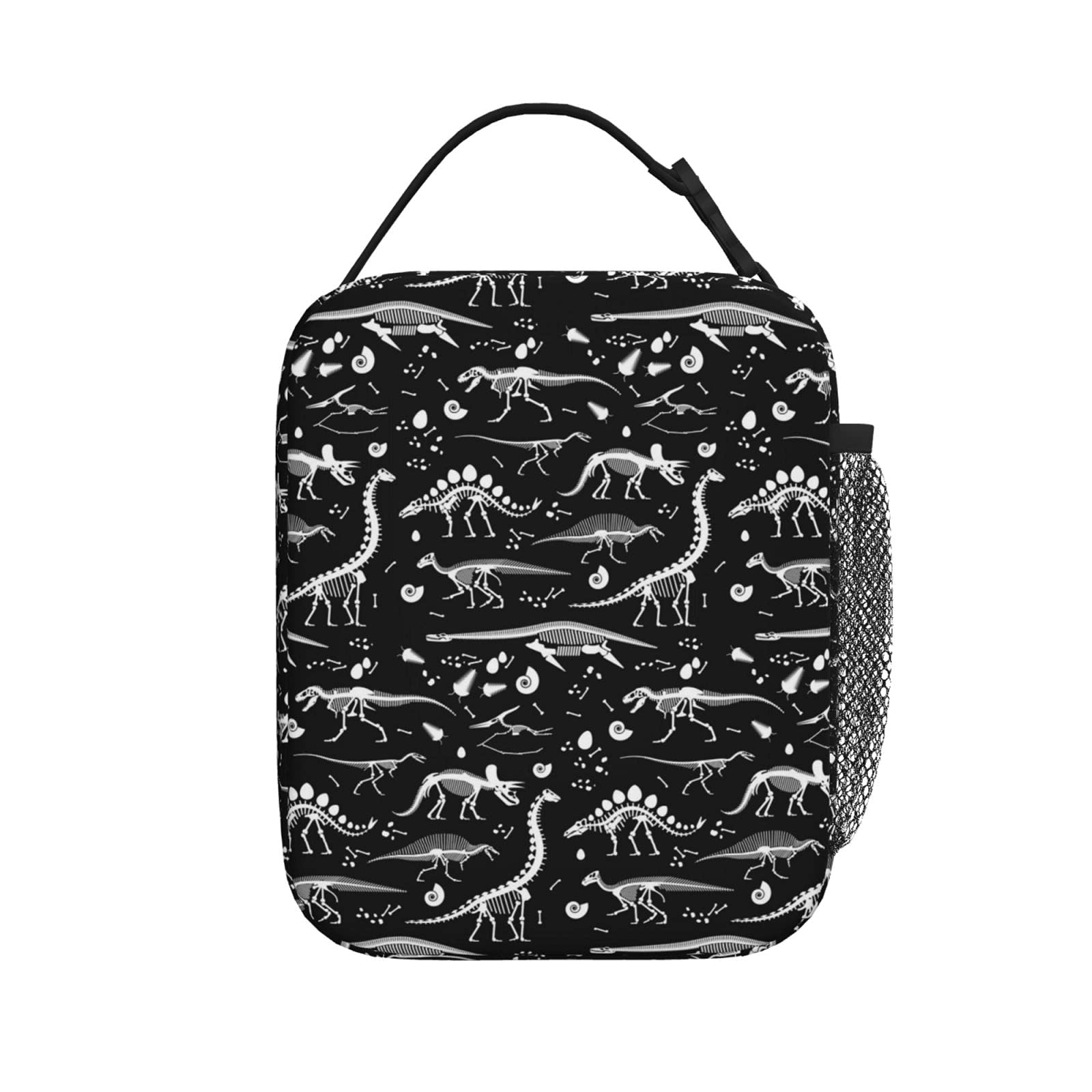 Black and White Dinosaur Skeleton Lunch Bag Insulated Lunch Box Cooler Tote with Shoulder Strap for Boys Girls Women Men