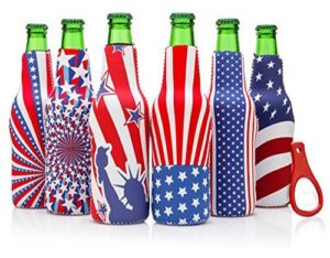 beer bottle sleeves - set of 6 zipper american flag theme coolies - extra thick neoprene - fully stitched, non-glued base - bonus bottle opener - trendy & awesome gift or hosting item #6usf