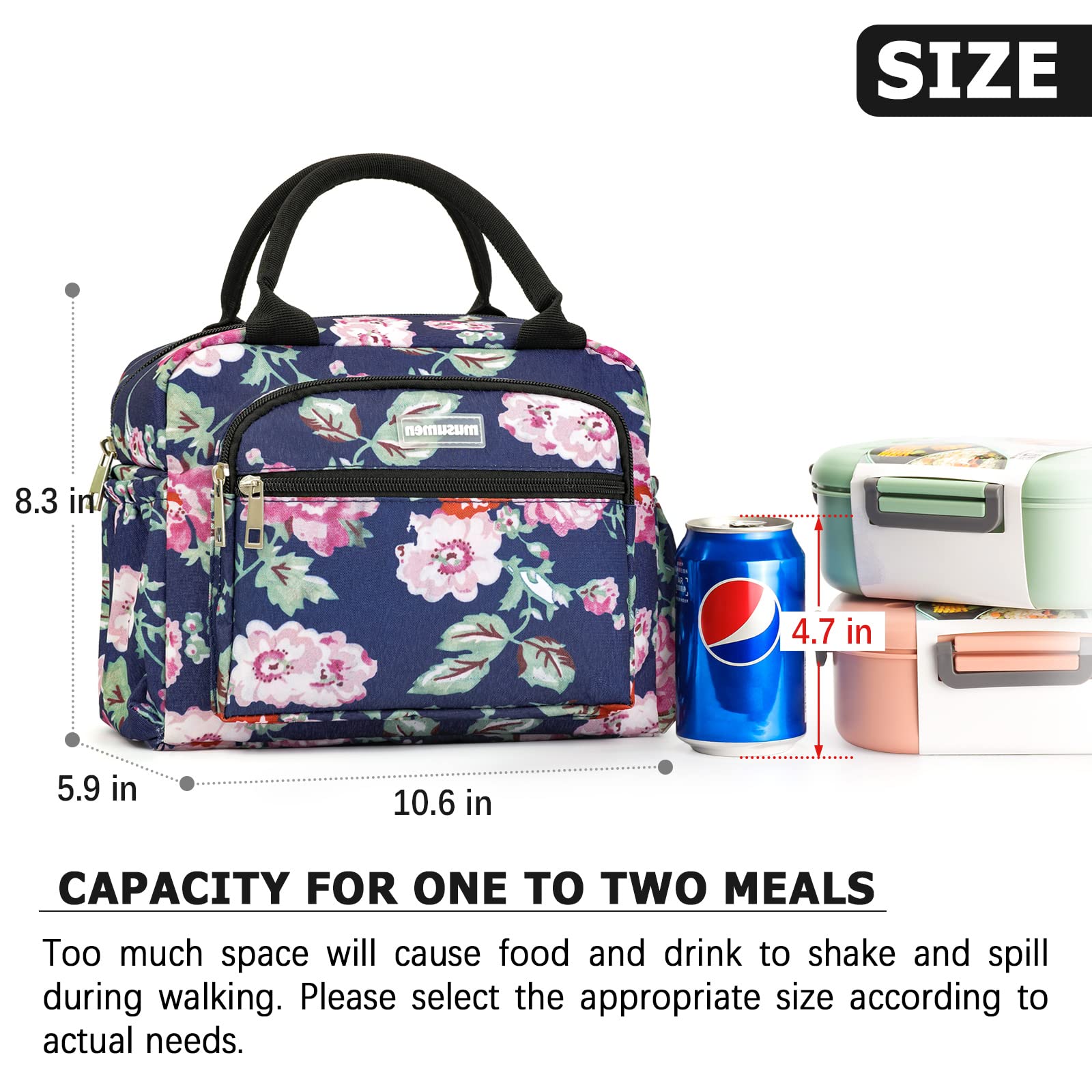 musumen Triple Insulated Lunch Bag for Women - 300D Oxford Fabric, Leak-Proof, Waterproof, and Spacious with Multiple Pockets