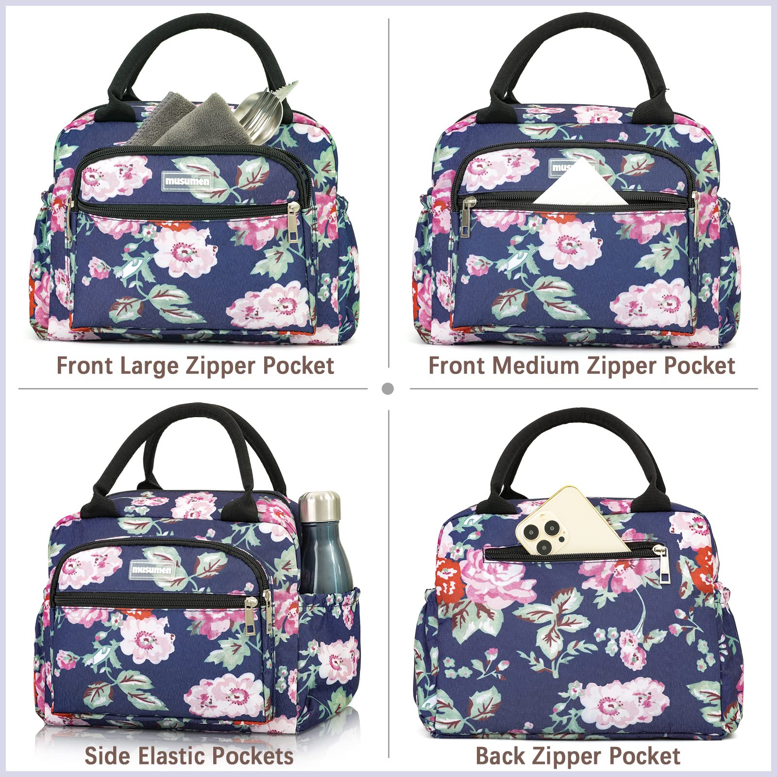 musumen Triple Insulated Lunch Bag for Women - 300D Oxford Fabric, Leak-Proof, Waterproof, and Spacious with Multiple Pockets