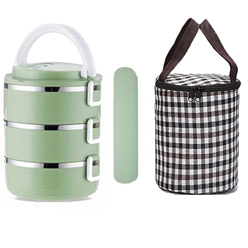 Bento Stackable Lunch Box Stainless Steel Thermal Compartment Multi-layered Leakproof Lunch Containers Insulated Bento Box, Thermal Compartment Lunch/Snack Box 3 tier Green