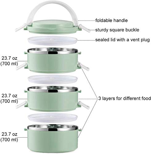 Bento Stackable Lunch Box Stainless Steel Thermal Compartment Multi-layered Leakproof Lunch Containers Insulated Bento Box, Thermal Compartment Lunch/Snack Box 3 tier Green