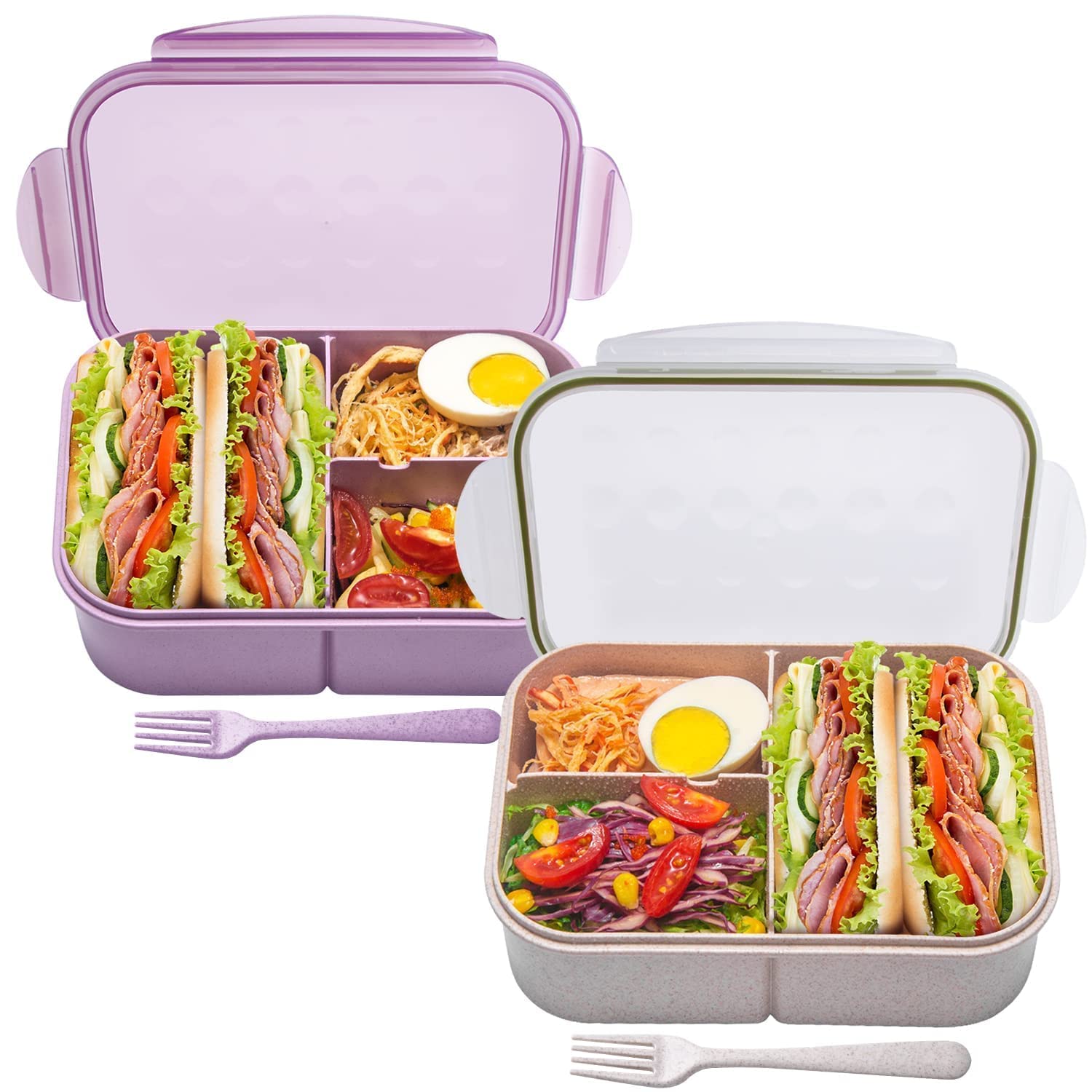 MISS BIG Bento Box, Bento Lunch Box,Ideal Leak Proof Bento Boxes for kids,Mom’s Choice Kids Lunch Box, No BPAs and No Chemical Dyes,Microwave and Dishwasher Safe(White L & Purple L)