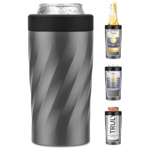 4 in 1 slim beer can cooler for all 12 oz cans- double walled stainless steel can insulator keep 8 hours cold- thread design easy to hold-upgrade insulated can cooler fits most car cup holders