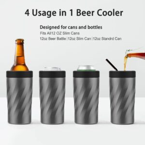 4 in 1 Slim beer can cooler for all 12 OZ Cans- Double Walled Stainless Steel Can Insulator Keep 8 Hours Cold- Thread Design Easy to Hold-Upgrade Insulated Can Cooler Fits Most Car Cup Holders