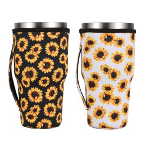 2 pieces reusable iced coffee cup sleeve neoprene cup insulator sleeve cup cover insulated sleeves drinks sleeve holder for 30 oz cold hot beverages, 2 styles（sunflower）