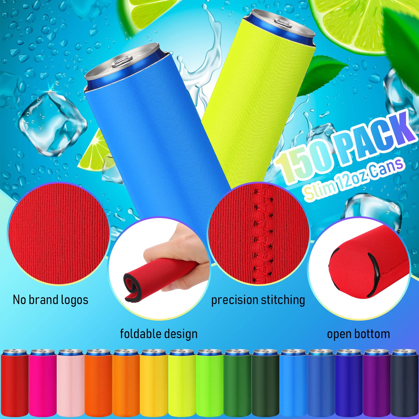 150 Pack Slim Can Cooler Sleeves Blank Reusable Neoprene Insulated Beer Sleeve for Can Cooler Sleeves DIY Sublimation Cover Coolies for Soda Drink Water Bottles Birthday Wedding Party (Blank Style)