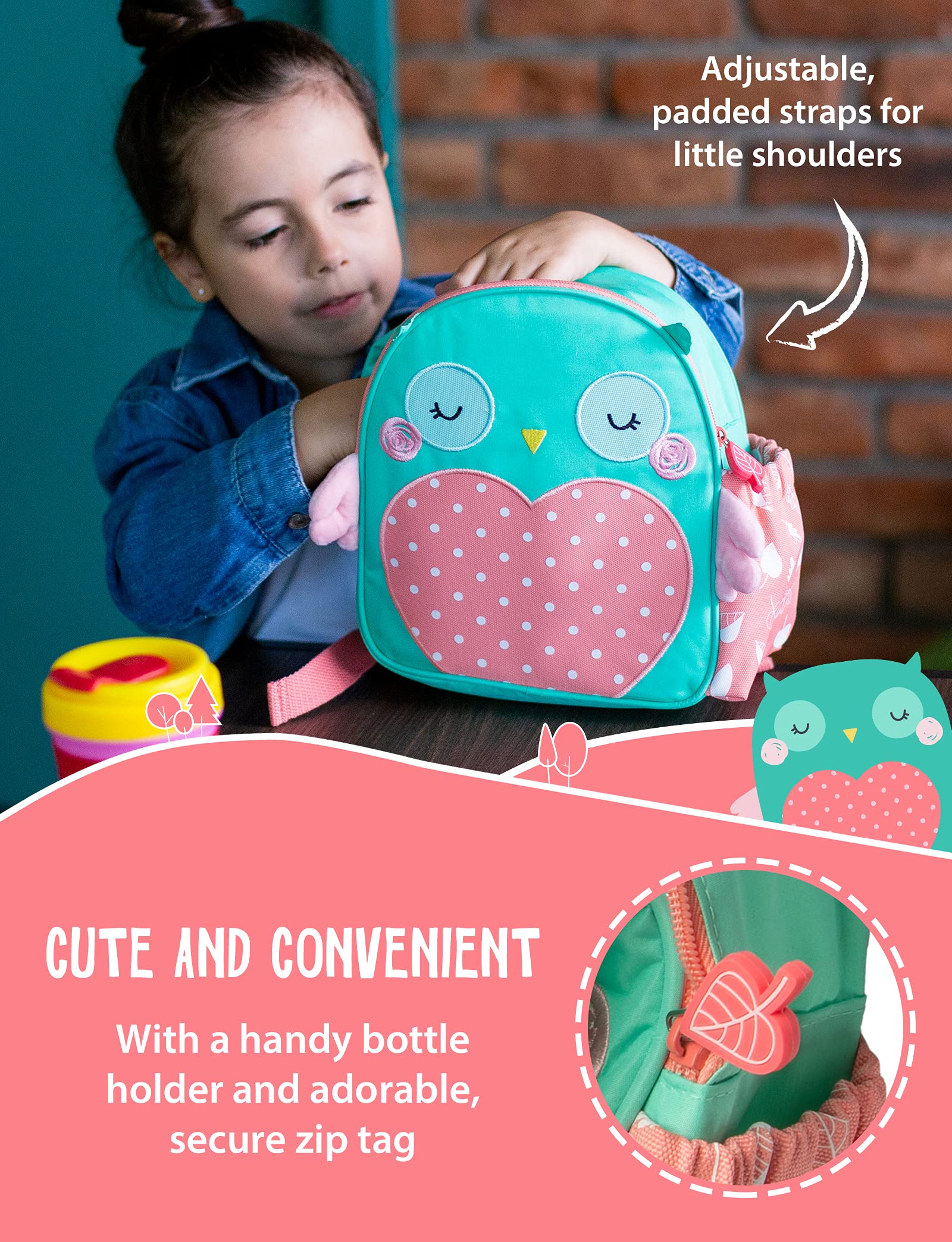 Planet Buddies Kids Lunch Box Bag, Insulated Lunch Bag Backpack for School, Cool Bag Lunch Boxes for Girls and Boys, Children's Backpacks with Water Bottle Holder and Name Tag, Olive the Owl