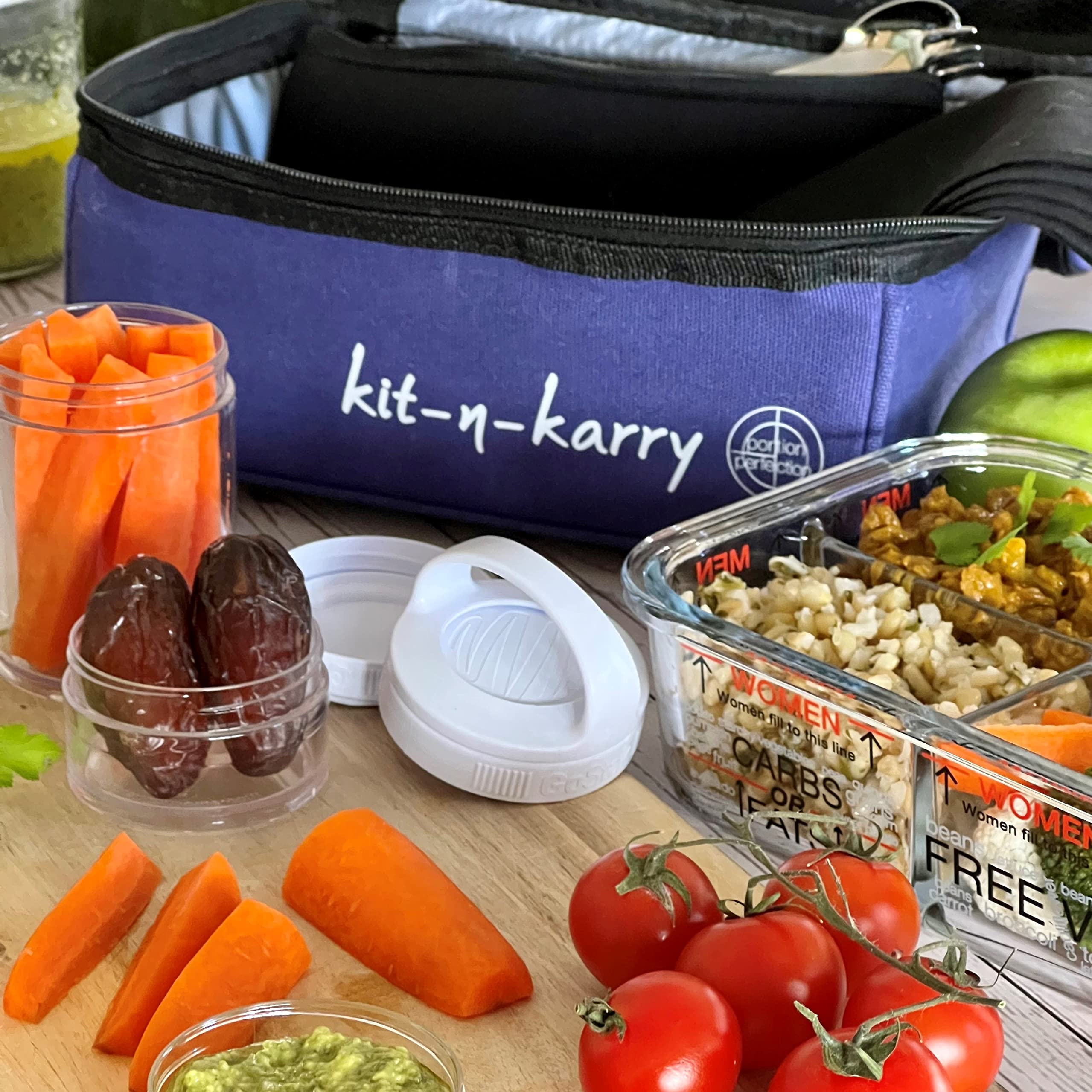 Kit-n-Karry Portion Control Containers with Lunch Bag Included - Lunchbox, Stackable Snack Containers, Insulated Pail, Ice Brick, Portable Cutlery Kit, Dressing Container and Napkin