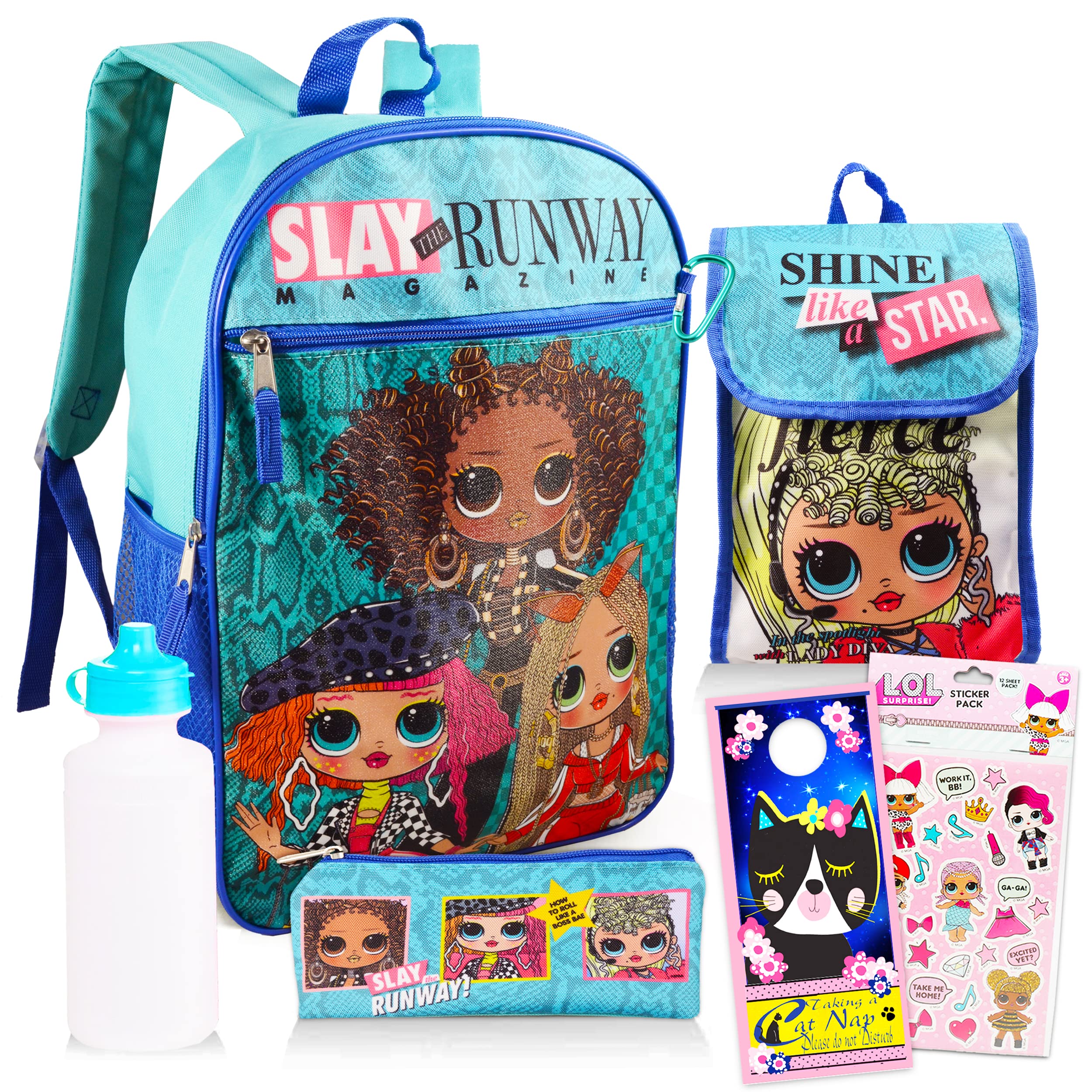 LOL Backpack for Girls Set - 7 Pc Bundle with LOL Dolls Backpack for Girls 6-12, Lunch Bag, Water Bottle, Pencil Case, Door Hanger, More