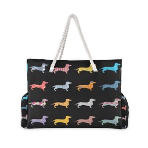 ALAZA Black Dachshund Puppy Animal Dog Tote Bag Beach Large Bag Rope Handles for Shopping Groceries Travel Outdoors