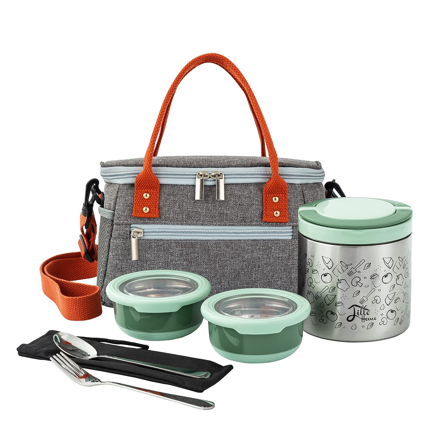 Lille Home Lunch Box Set, A Vacuum Insulated Bento/Snack Box Keeping Food Warm for 4-6 Hours, Two Stainless Steel Food Containers, A Lunch Bag, A Portable Cutlery Set (Green)