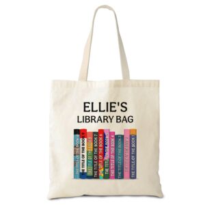 hyturtle personalized library bag a stack of books canvas tote bags, customized name & book for travel, grocery shopping tote bag, gifts for women, reading lovers, book lovers on birthday