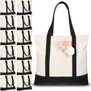 12 pcs canvas tote bag bulk with outer pocket, 21 in large cotton tote beach bags with zipper washable shopping bags (black)