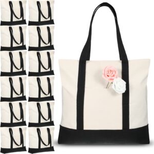 12 Pcs Canvas Tote Bag Bulk with Outer Pocket, 21 in Large Cotton Tote Beach Bags with Zipper Washable Shopping Bags (Black)