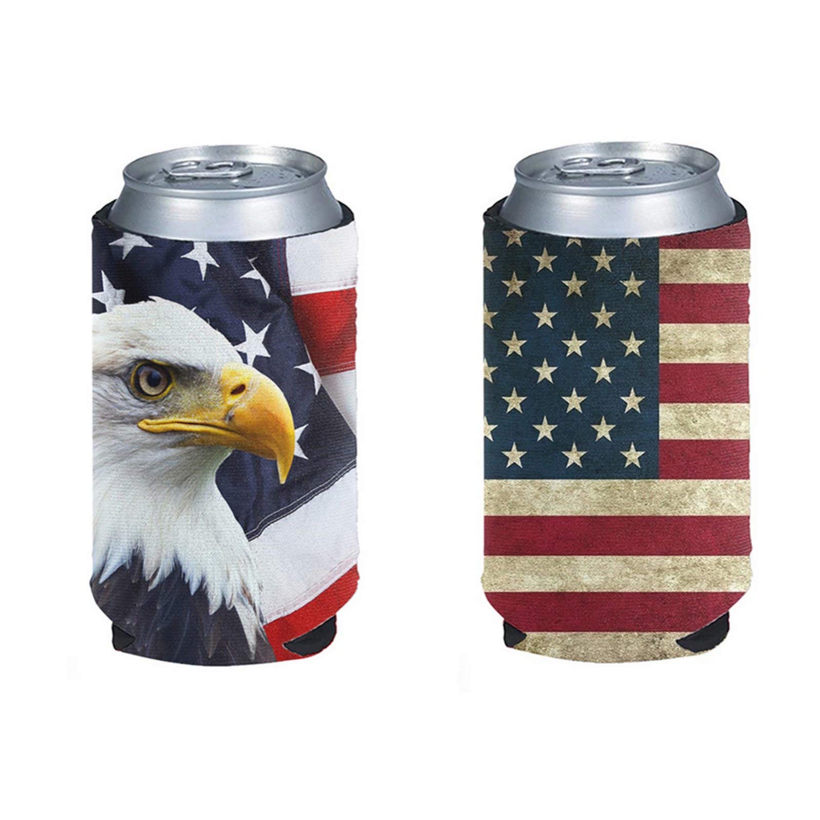 Forchrinse Bald Eagle American Flag Can Cooler Sleeves 2 Pack,Soft Insulated Sleeves for Can Bottle,Can Covers for Outdoor Event Parties Travel