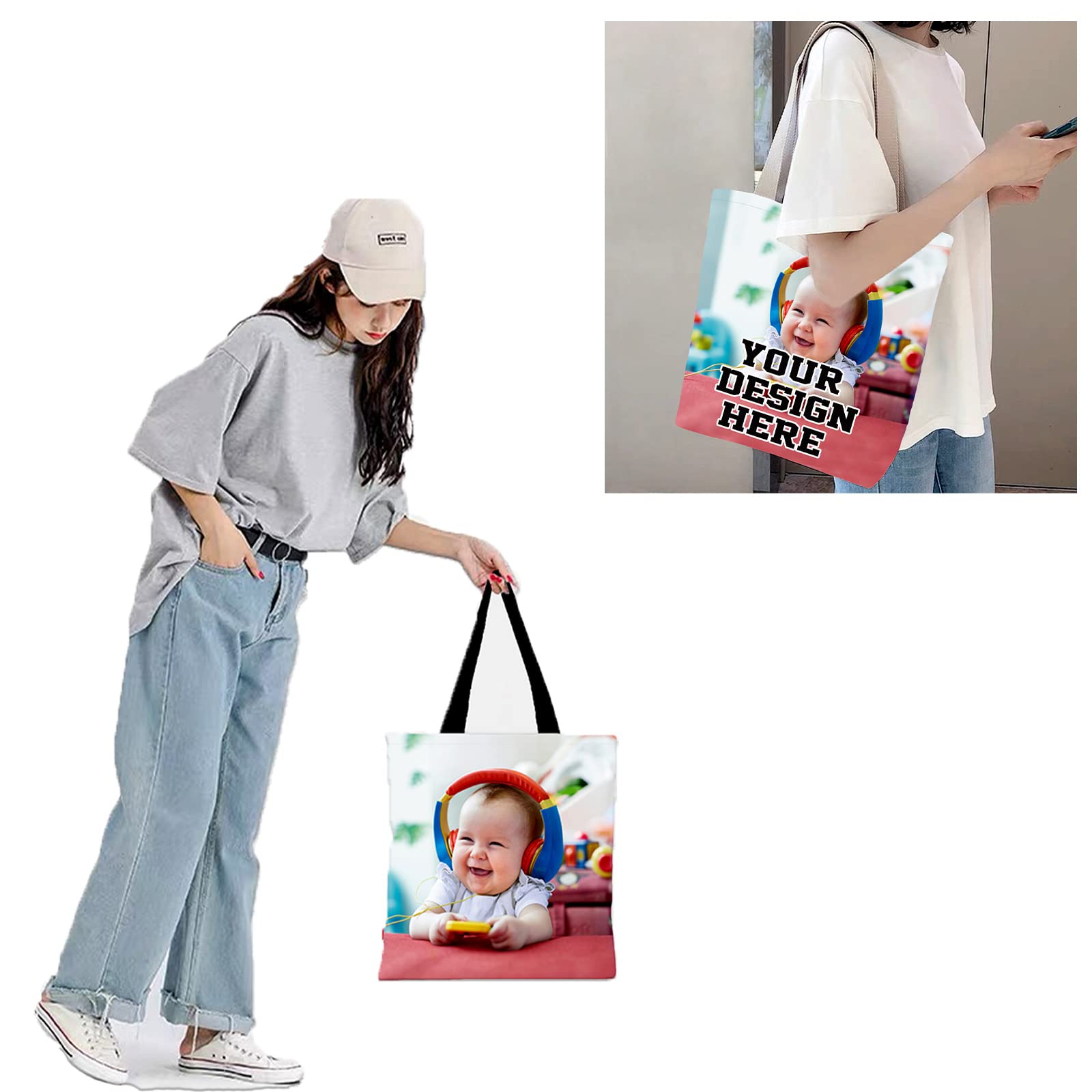 xrlsg Custom Canvas Tote Bags for Women Personalized Grocery Tote Bags with Your Photo Logo Text Reusable for Beach, Travel, Gym, School