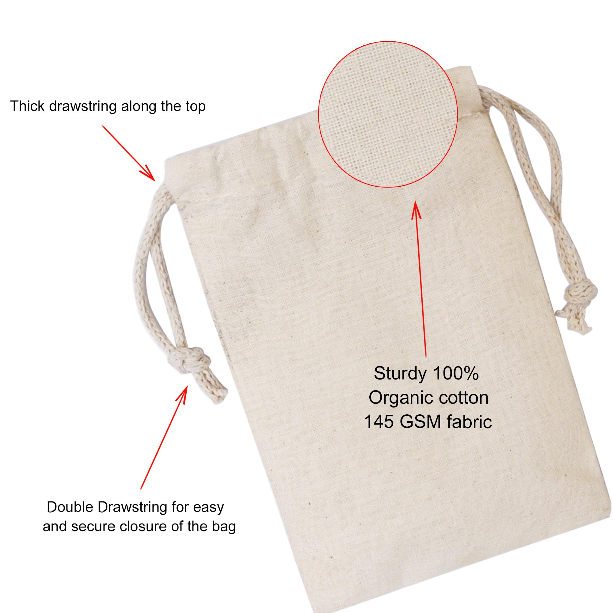 BigLotBags Cotton Muslin Bags, 100% Organic Cotton with Double Drawstring. Premium Quality Reusable Eco-Friendly Natural Muslin Bags. (10, 12 x 16 Inches)