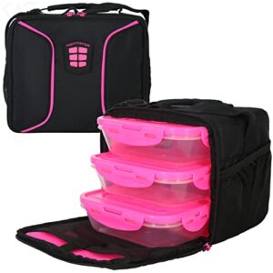 motivator cube meal prep lunch bag with 3 bpa-free, reusable, microwavable, freezer safe, portion-controlled containers, lunch box with storage pockets (black/pink)
