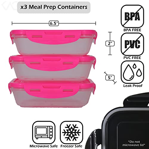 Motivator Cube Meal Prep Lunch Bag with 3 BPA-Free, Reusable, Microwavable, Freezer Safe, Portion-Controlled Containers, Lunch Box with Storage Pockets (Black/Pink)