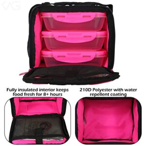 Motivator Cube Meal Prep Lunch Bag with 3 BPA-Free, Reusable, Microwavable, Freezer Safe, Portion-Controlled Containers, Lunch Box with Storage Pockets (Black/Pink)