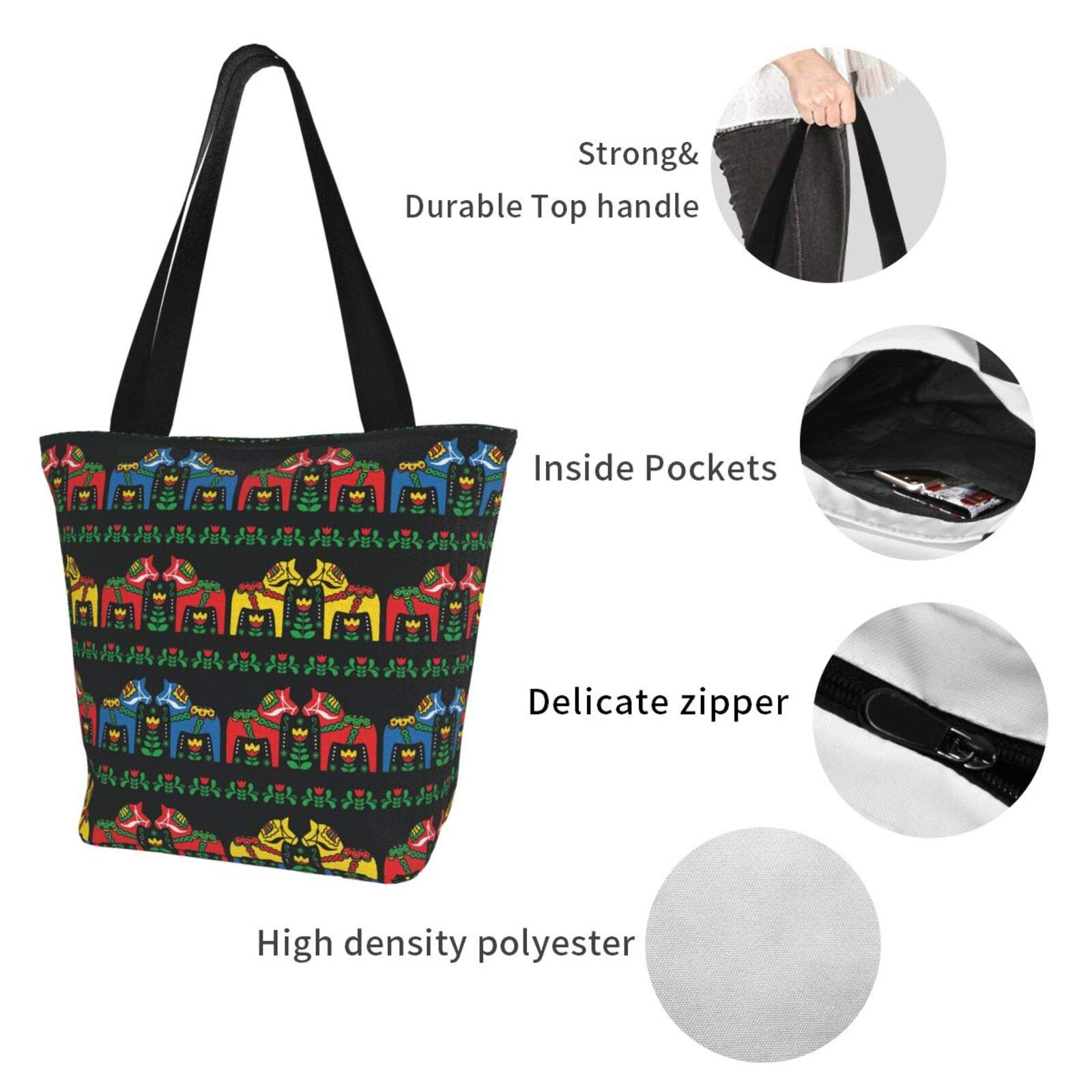 antkondnm Swedish Dala Horse Folk Tote Bag for Women Travel Work Shopping Grocery Top Handle Purses Large Totes Reusable Handbags Shoulder Bags…