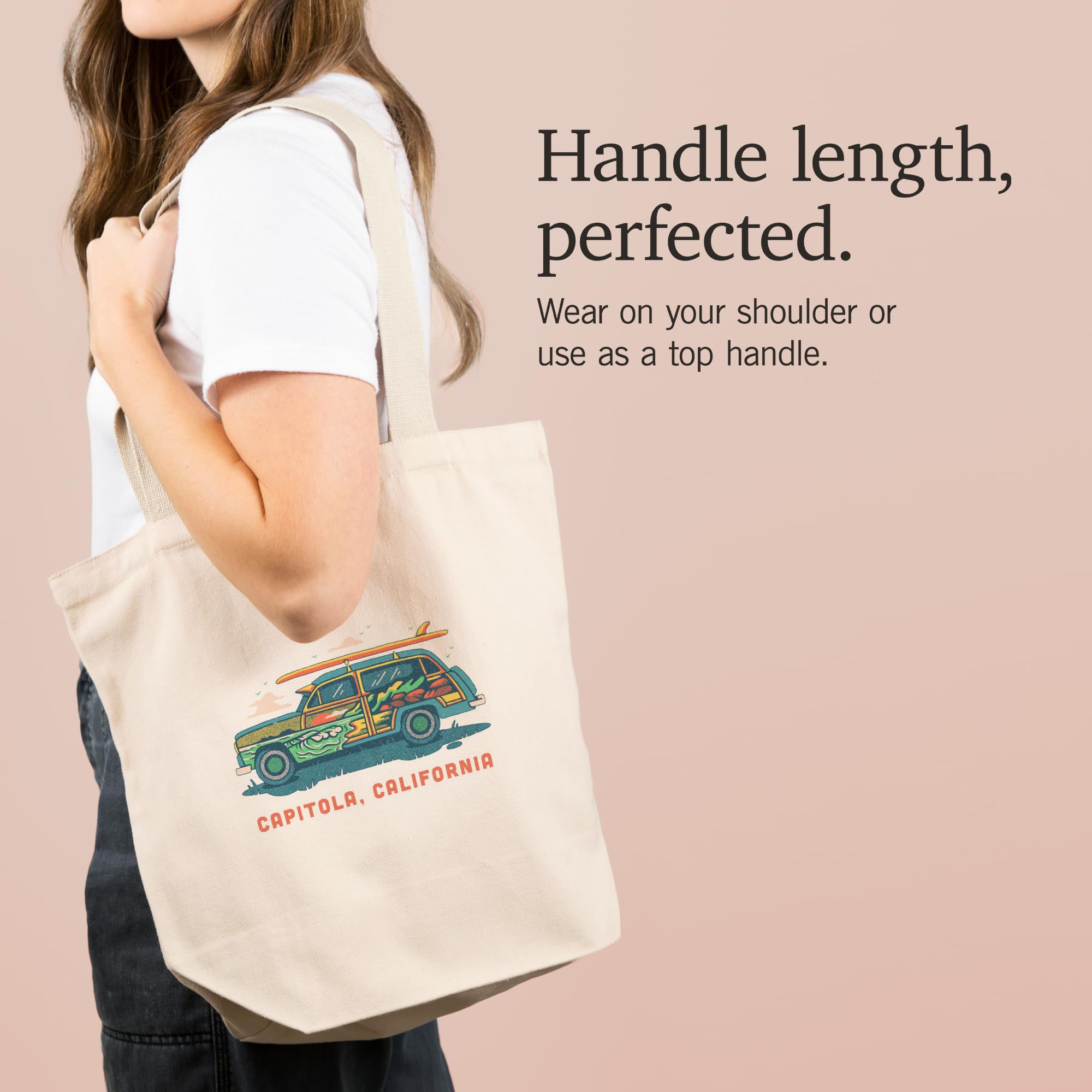 Lantern Press Capitola, California, Woody with Surfboard, Contour (100% Cotton Canvas Reusable Tote Bag)