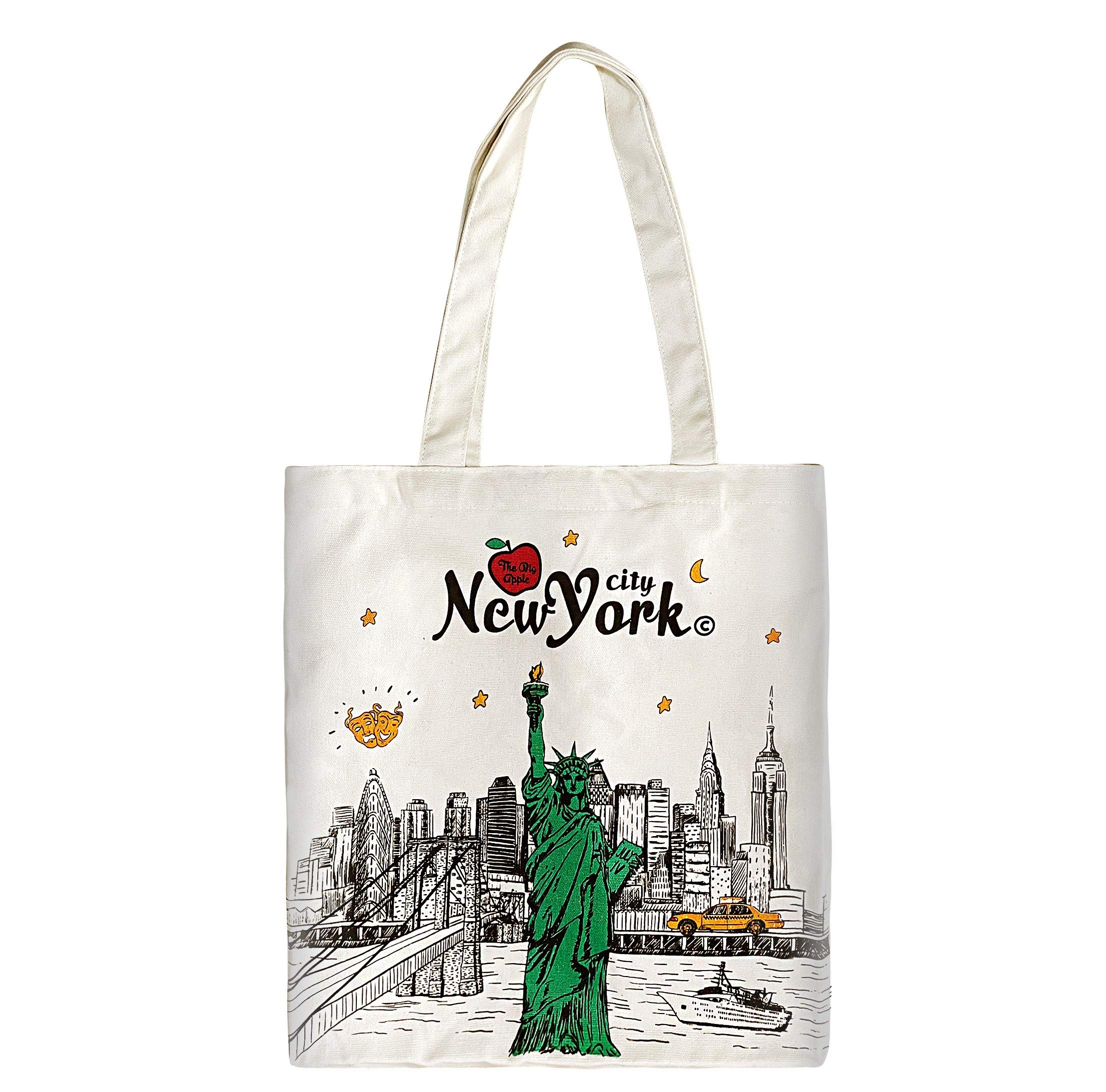 Reusable Large Multipurpose New York Souvenir for Travel Bag, Grocery Tote, Shopping Handbag, Canvas Tote Bag. (JP-330130A) Creamy-white