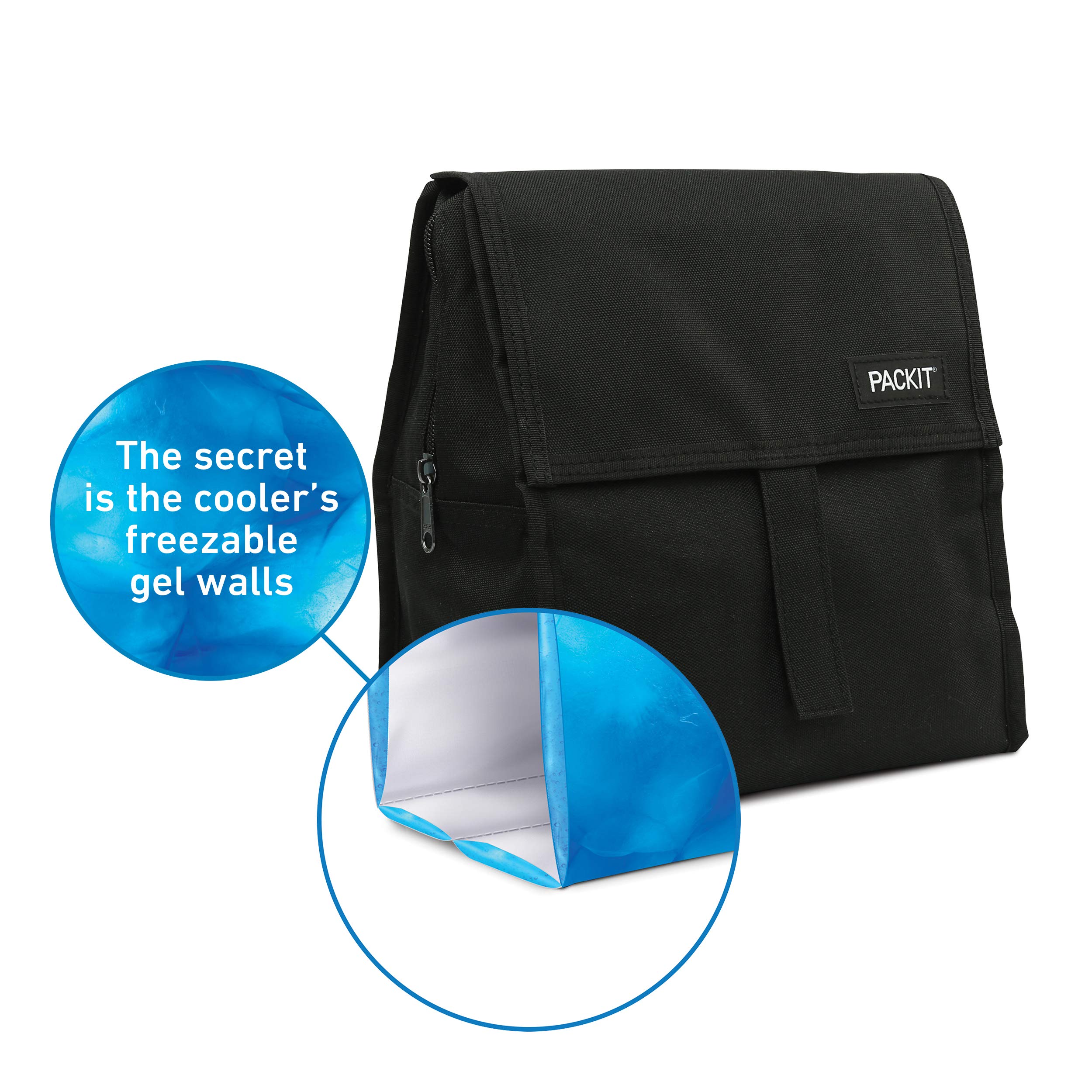 PackIt Freezable Lunch Bag with Zip Closure, Black Freezable Snack Bag, Black