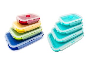 2 set of 4 collapsible silicone food storage container, leftover meal box for kitchen, bento lunch boxes, bpa free, microwave, dishwasher and freezer safe. foldable design saves your space.