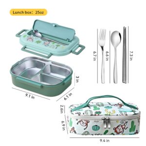 ArderLive 316 Stainless Steel Bento Lunch Box with Utennsil & Bag - 3 Compartment 25oz Compact Lunch Containers for Adults, BPA-Free, Dishwasher Freezer Safe, Food-Safe, Green