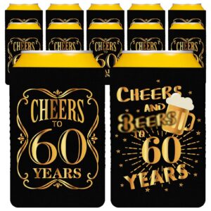fankutoys 60th birthday can cooler sleeves, neoprene beverage bottle can sleeves - 60th party anniversary decorations and 60th birthday gift for men & women, black & gold (12 pcs)