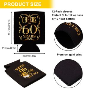 FANKUTOYS 60th Birthday Can Cooler Sleeves, Neoprene Beverage Bottle Can Sleeves - 60th Party Anniversary Decorations and 60th Birthday Gift for Men & Women, Black & Gold (12 Pcs)