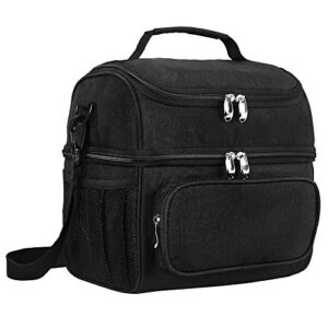 Dual Compartment lunch bag with Shoulder Strap Leakproof Insulated Cooler Bag Tote with Lunchbox Belt for Men Women Adults Work (Black)