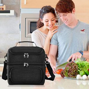 Dual Compartment lunch bag with Shoulder Strap Leakproof Insulated Cooler Bag Tote with Lunchbox Belt for Men Women Adults Work (Black)