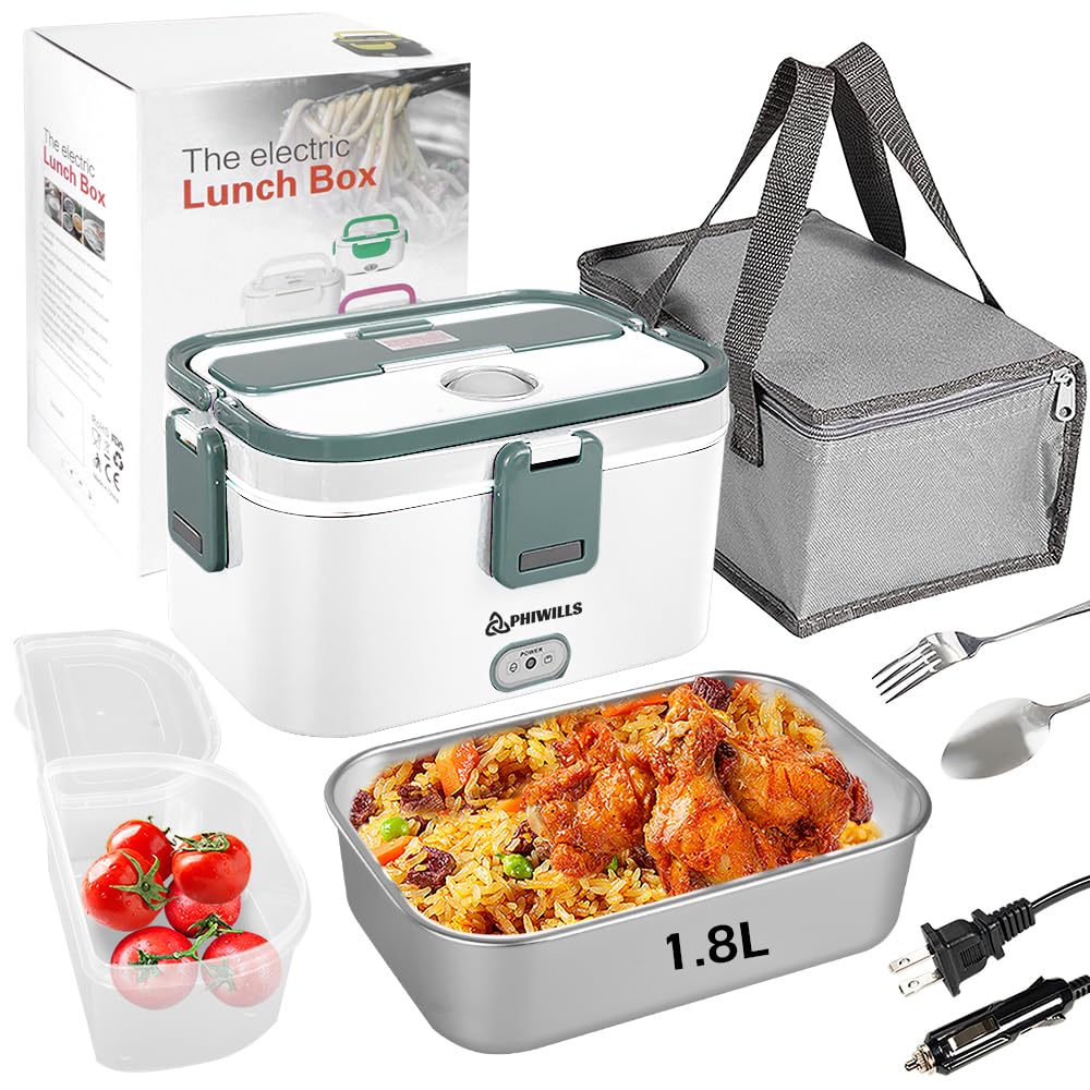 PHIWILLS 80W Electric Lunch Box 1.8L Container Food Warmer Heater, 12V/24V/110V Heated Lunchbox for Car/Truck/Work with 0.45L Compartment, Stainless Steel Spoon & Fork, Insulated Bag