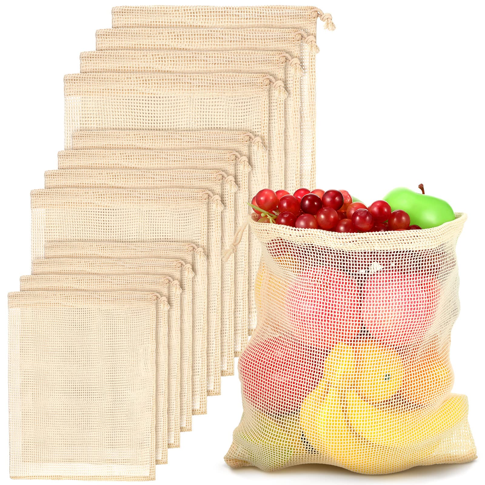 12 Pcs Reusable Produce Bag Various Size Organic Cotton Mesh Produce Double Stitched Bag Washable with Drawstring for Refrigerator Lightweight Vegetable Grocery Fruit Veggie Shopping Onion Storage Bag