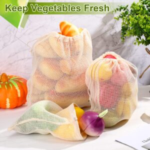 12 Pcs Reusable Produce Bag Various Size Organic Cotton Mesh Produce Double Stitched Bag Washable with Drawstring for Refrigerator Lightweight Vegetable Grocery Fruit Veggie Shopping Onion Storage Bag