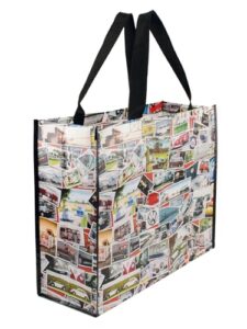 brisa vw collection - volkswagen reusable shopping grocery bag with t1 bus motif (stamps/multicolor)