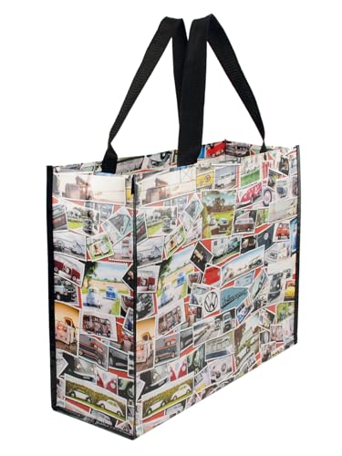 BRISA VW Collection - Volkswagen Reusable Shopping Grocery Bag with T1 Bus Motif (Stamps/Multicolor)