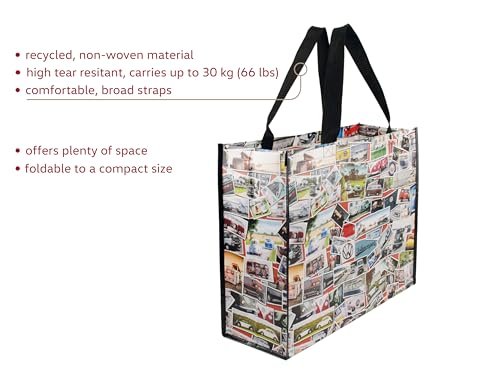 BRISA VW Collection - Volkswagen Reusable Shopping Grocery Bag with T1 Bus Motif (Stamps/Multicolor)