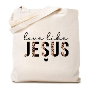 women's love like jesus half leopard black canvas tote bag funny bible quotes christian reusable shopping bag