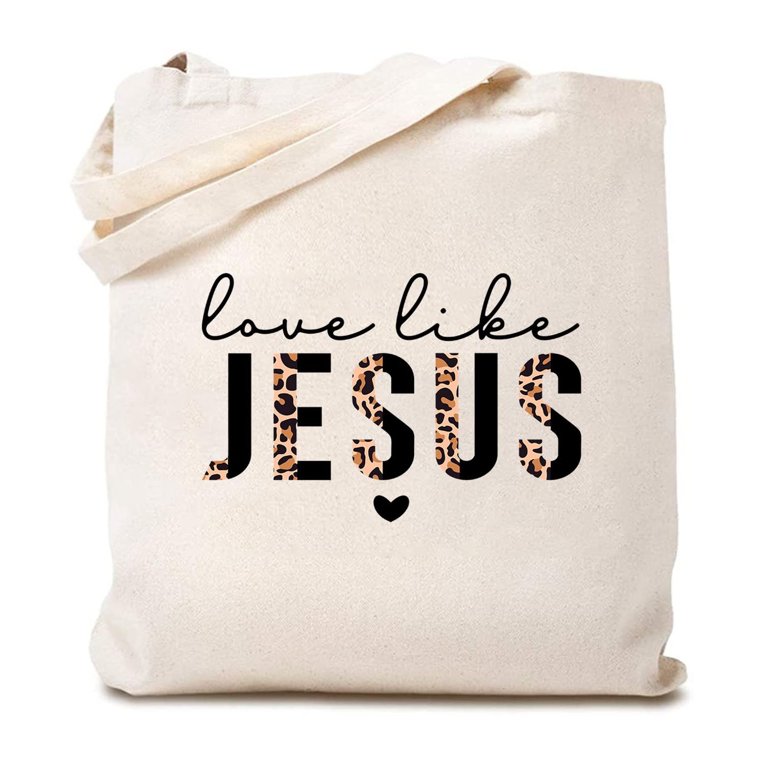 Women's Love Like Jesus Half Leopard Black Canvas Tote Bag Funny Bible Quotes Christian Reusable Shopping Bag