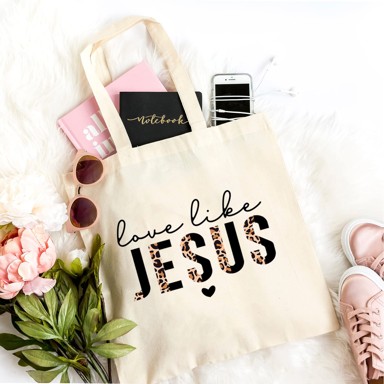 Women's Love Like Jesus Half Leopard Black Canvas Tote Bag Funny Bible Quotes Christian Reusable Shopping Bag