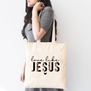 Women's Love Like Jesus Half Leopard Black Canvas Tote Bag Funny Bible Quotes Christian Reusable Shopping Bag